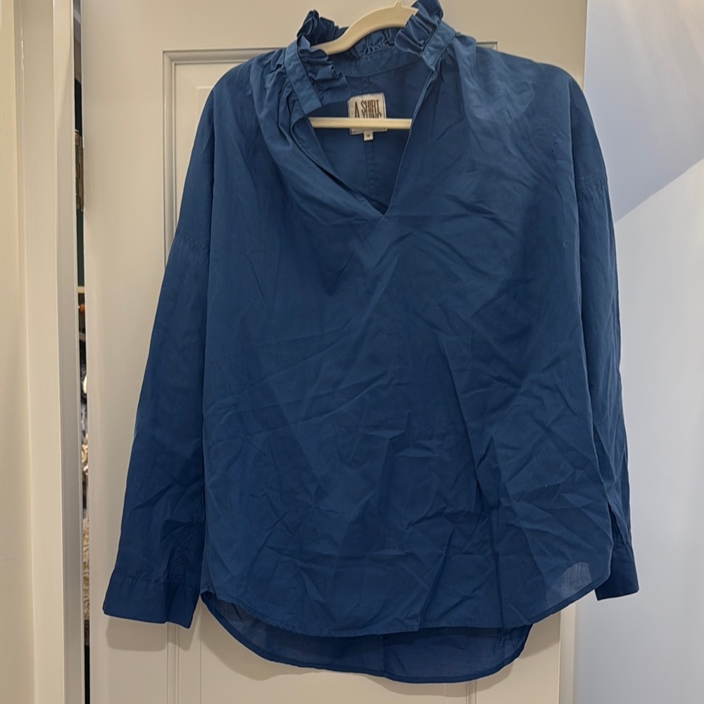 Blue Ruffled Mandarin Collar Blouse